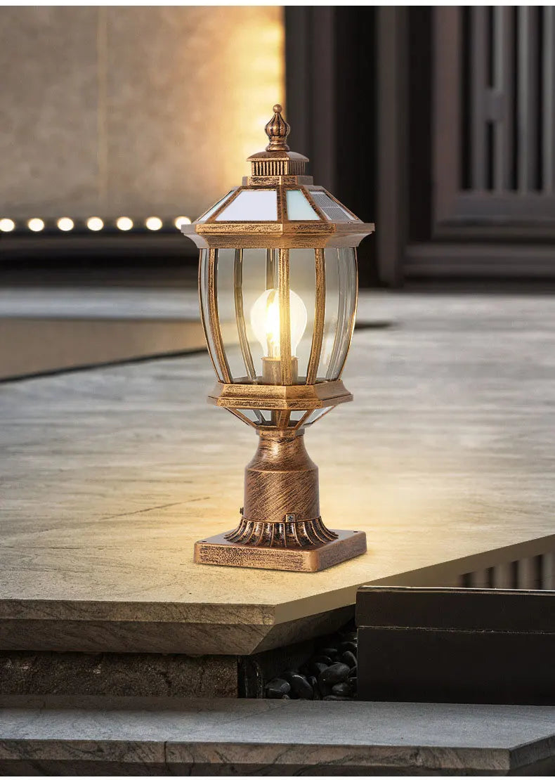 Waterproof Gold Garden Landscape Column Light Outdoor Door Post Porch Light with Glass for Villa Decor