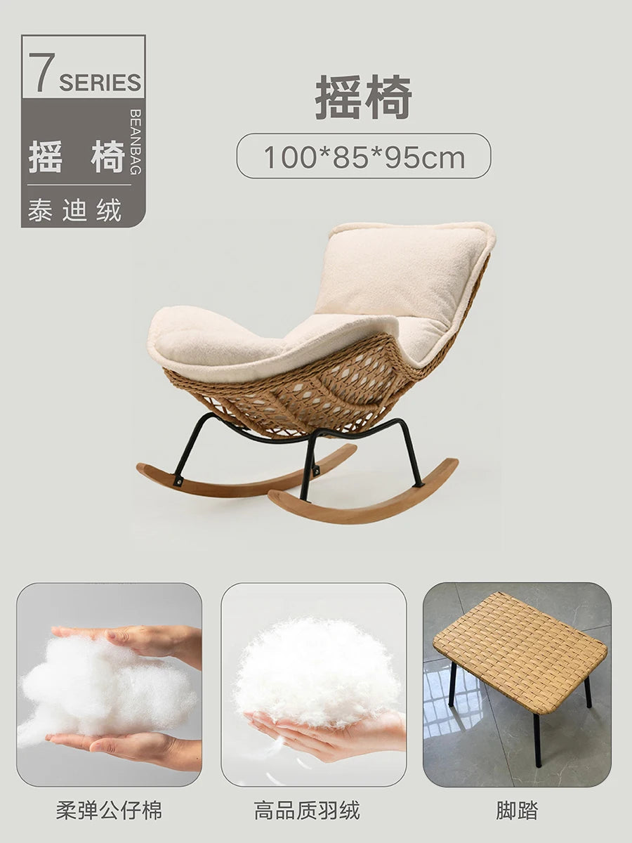 Rattan Rocking Chair for Sleeping Single Recliner Lounge Chair for Living Room Patio Outdoor Relaxing Seat Natural Wicker Rocker