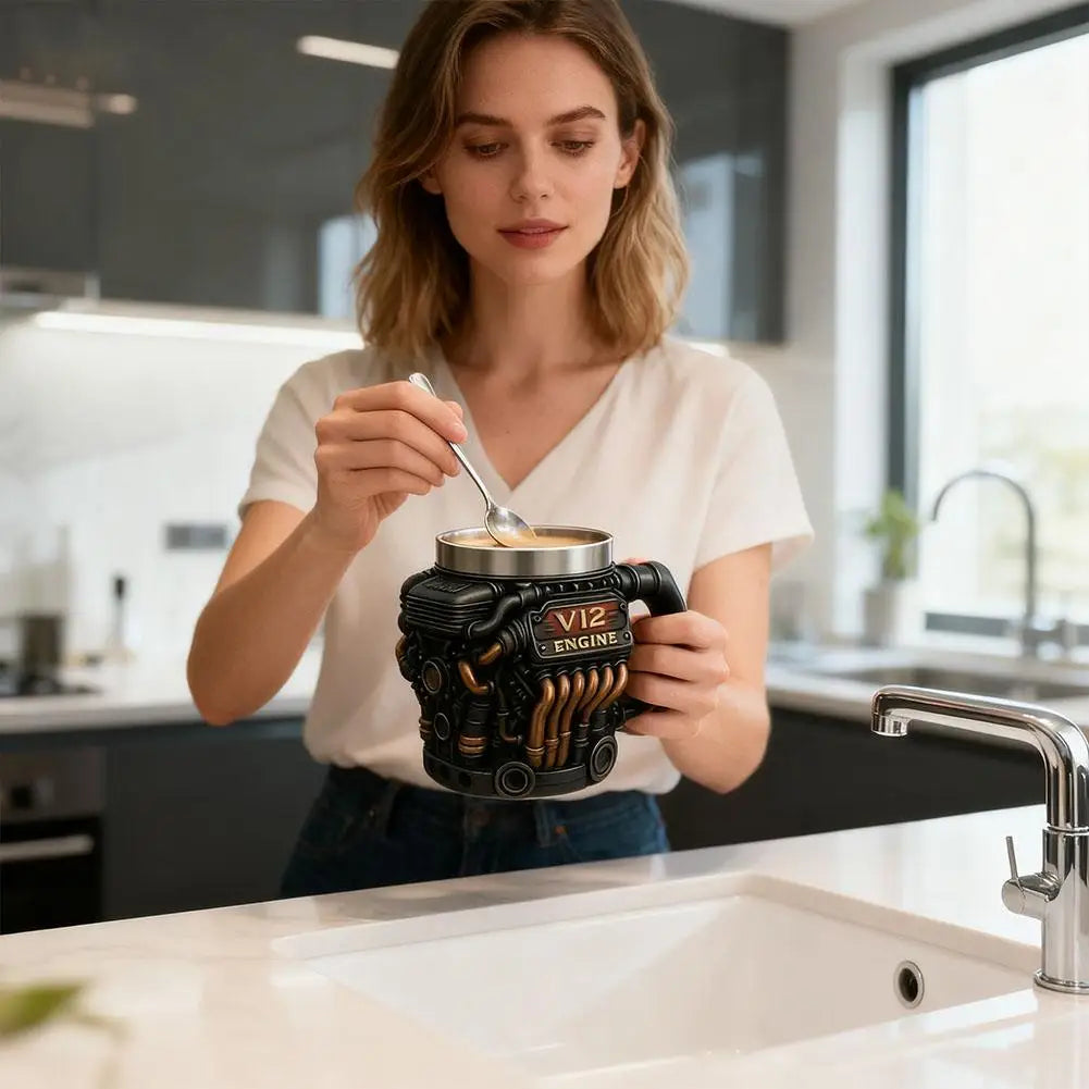 V6 V8 V12 Vintage Engine Coffee Cup Insulation Water Mug for Car Enthusiasts Mechanics Engineers Fathers Men Boyfriends Gifts