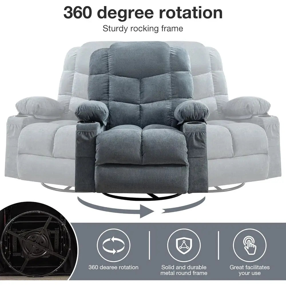 Large Oversized Swivel Massage Recliner with Lumbar Heat, Cup Holders, and USB Port