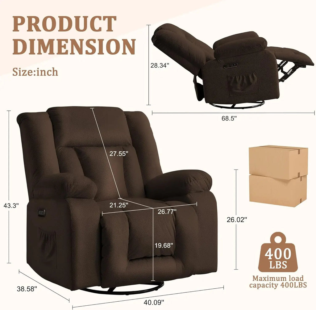 Electric Massage Recliner Chair with Heat & Swivel Rocking, Oversized Waffle Fabric for Living Room Bedroom