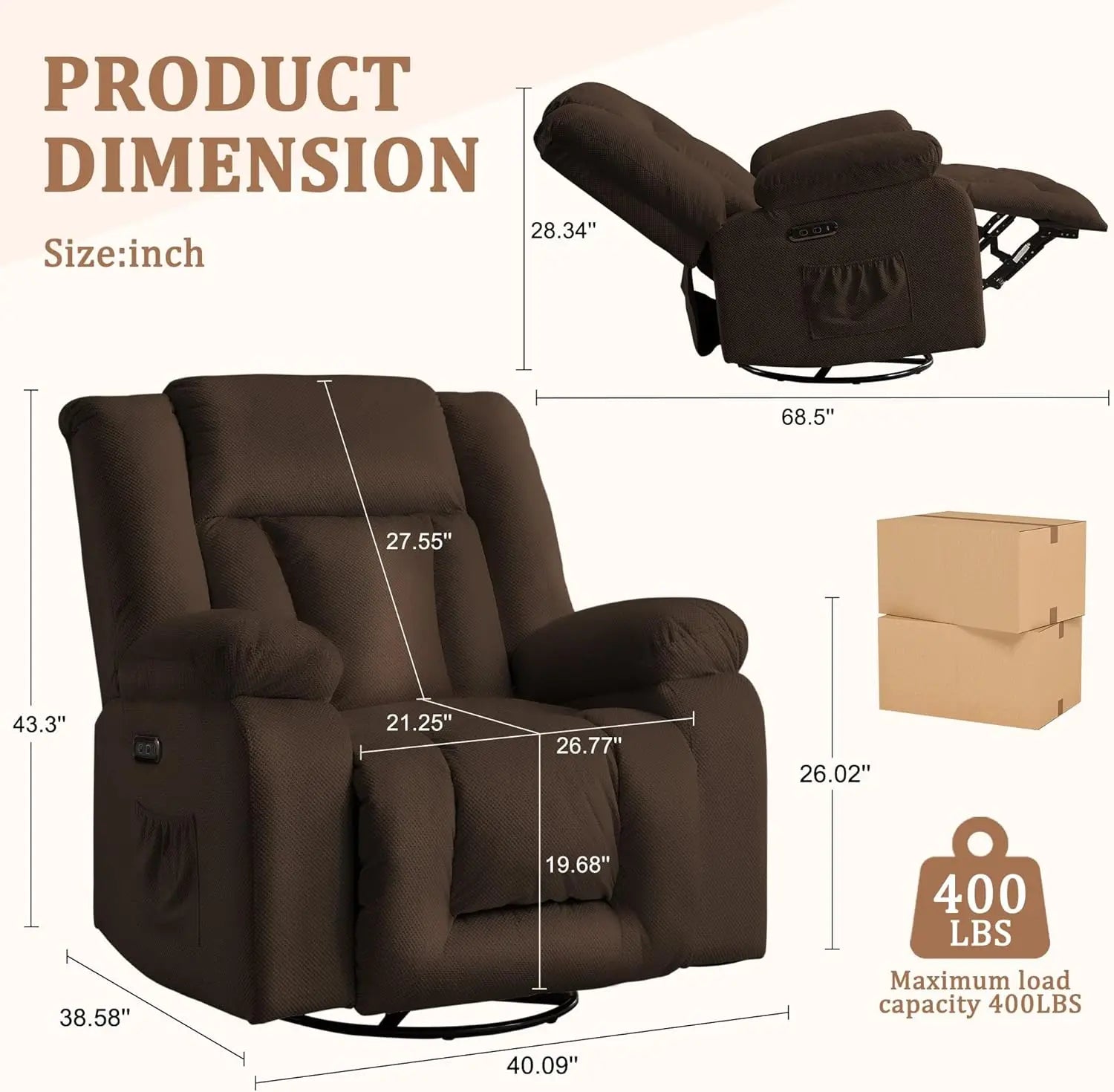 Electric Massage Recliner Chair with Heat & Swivel Rocking, Oversized Waffle Fabric for Living Room Bedroom