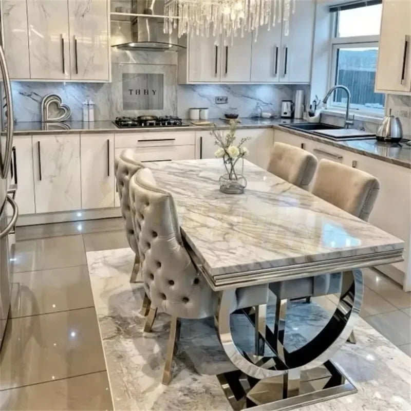 2026 Hot Sale Dining Table and 6 Chairs Set for Modern Home Grey High-End Marble Dining Table Set