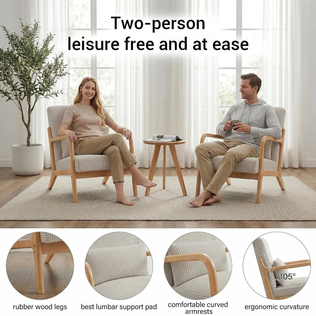 Mid Century Modern Upholstered Fabric Accent Armchairs Set of 2 with Lumbar Pillows & Solid Rubberwood Frame, Customized