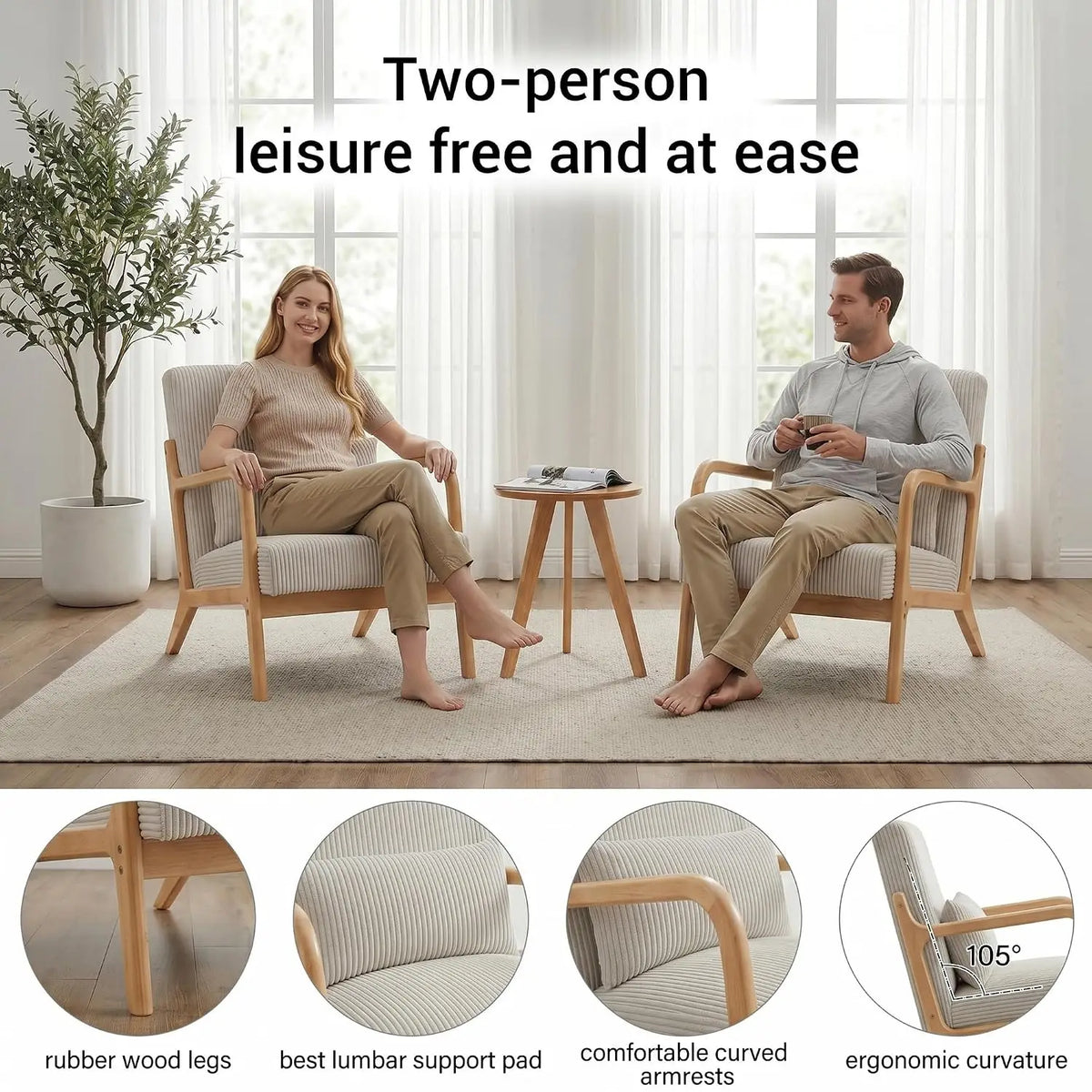Mid Century Modern Upholstered Fabric Accent Armchairs Set of 2 with Lumbar Pillows & Solid Rubberwood Frame, Customized