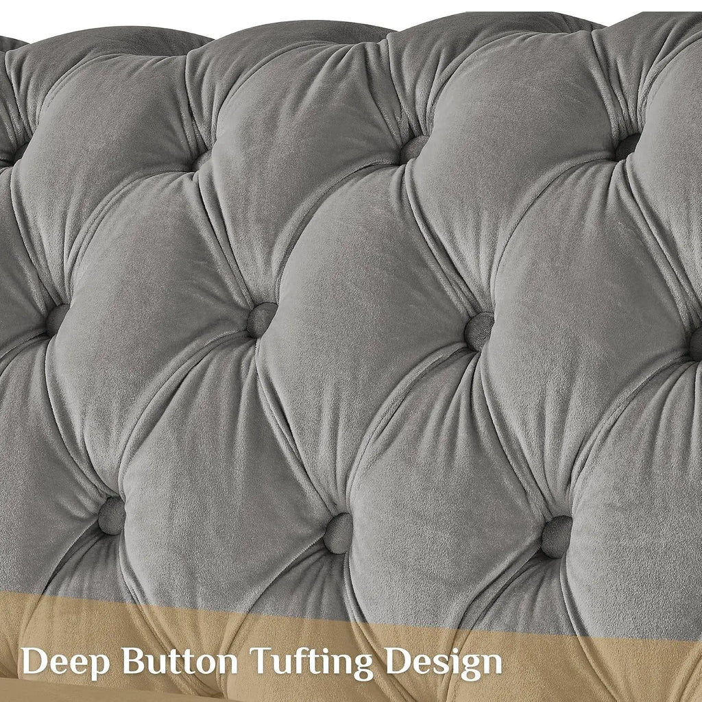 Mid Century Modern Sofa 84" Grey & Gold Tufted Velvet Upholstered Living Room Furniture, Customized