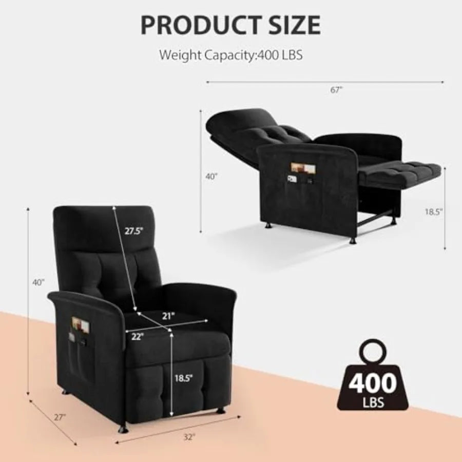 Power Recliner Chair for Adults with Heat and Massage - Soft Fabric Electric Reclining Sofa with Remote Control, 3 Side Pockets
