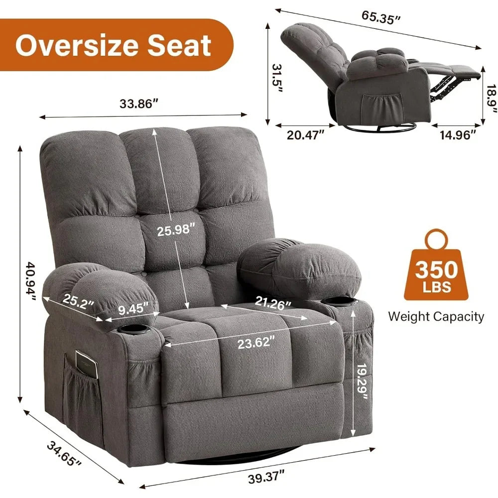 Swivel Rocker Recliner Chair with Vibration Massage, Heat, and USB Charging for Living Room