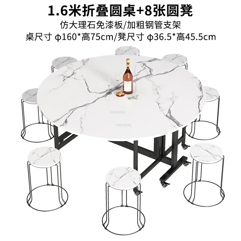 Home Folding Dining Table Set with Chairs Mobile Round Furniture Modern Kitchen Living Room Light Luxury Simple Portable
