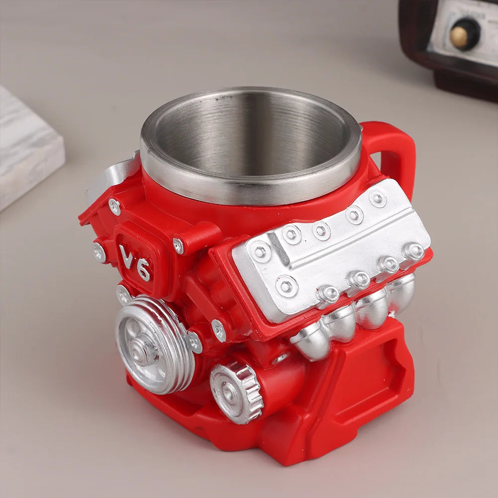 Retro Engine Coffee Mug with Handle 300ML 15oz V6 Engines Stainless Steel Cup Realistic Design Double Wall Insulation Car Mug