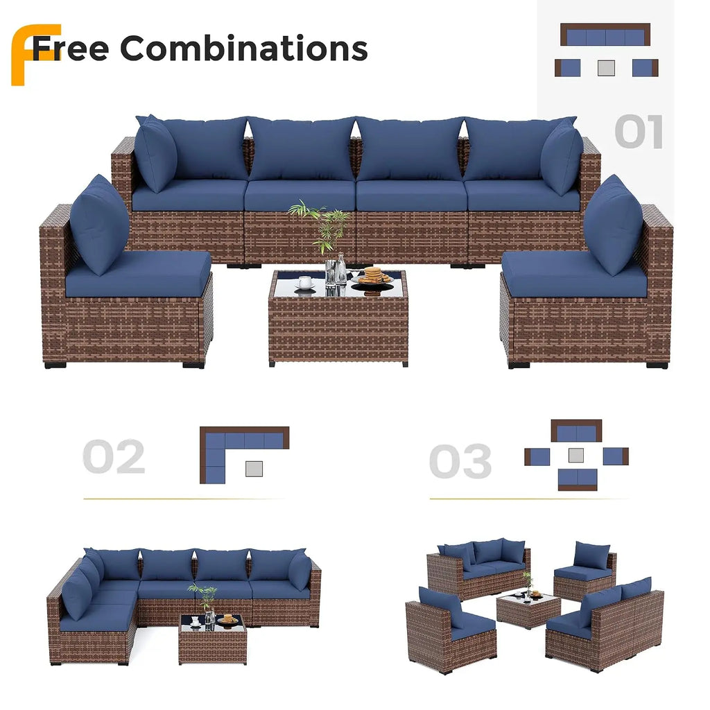 Outdoor Furniture 7-Piece Wicker Patio Set, Non-Slip Cushion, Custom