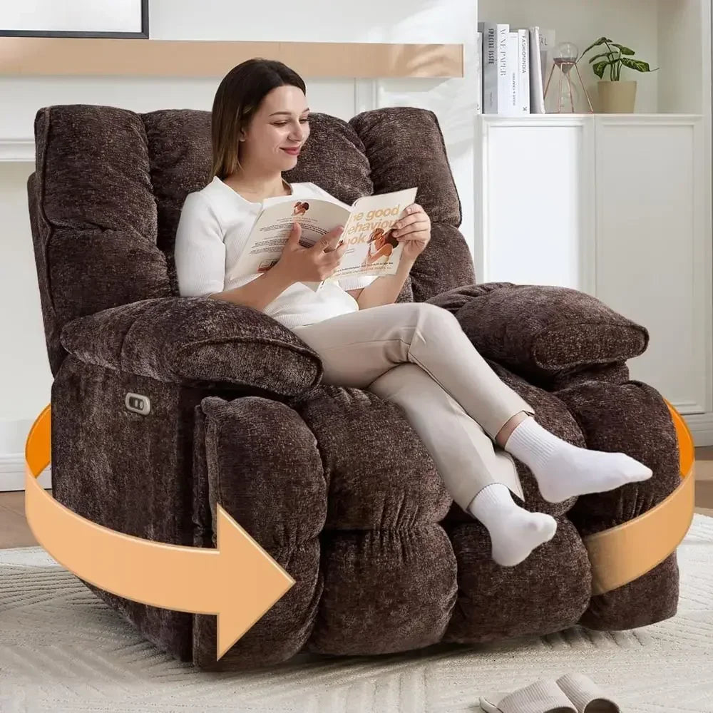 Extra Wide Power Recliner with Swivel, Rocker, and USB Ports, Ideal for Living Room or Nursery, Supports Up to 375lbs, Brown