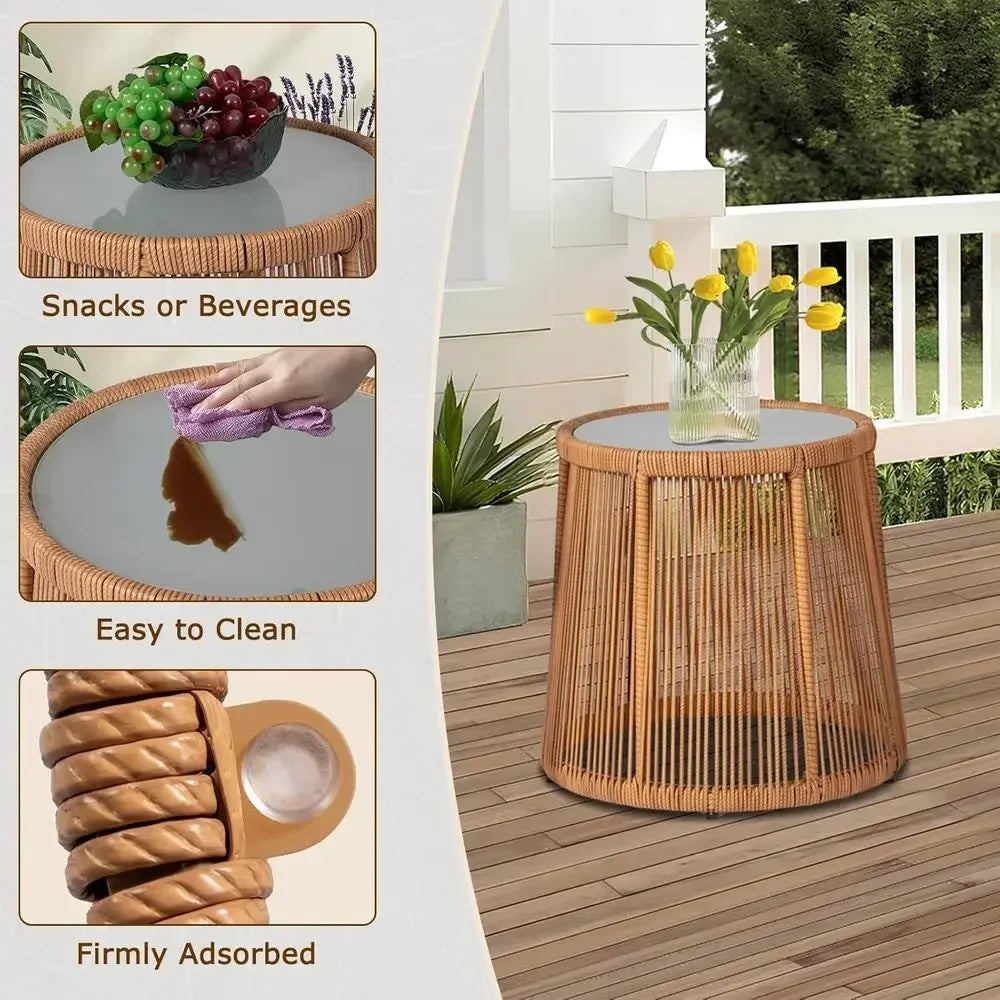 3-Piece Outdoor Wicker Bistro Set with 2 Rattan Chairs and Tempered Glass Table for Patio, Balcony, Poolside, and Backyard in Be