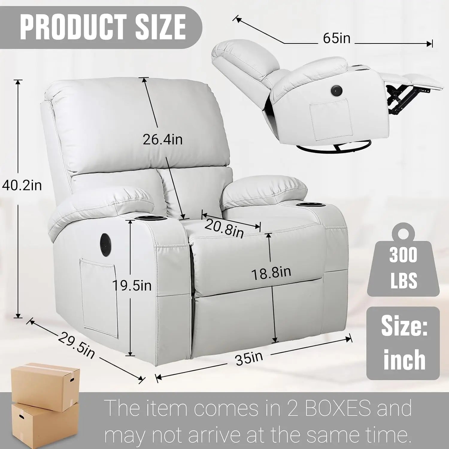 Rocking Recliner Chair, Massage Rocker Recliner Chair with Vibration Massage and Heat, USB and Type-C Ports,360° Swivel Faux Lea