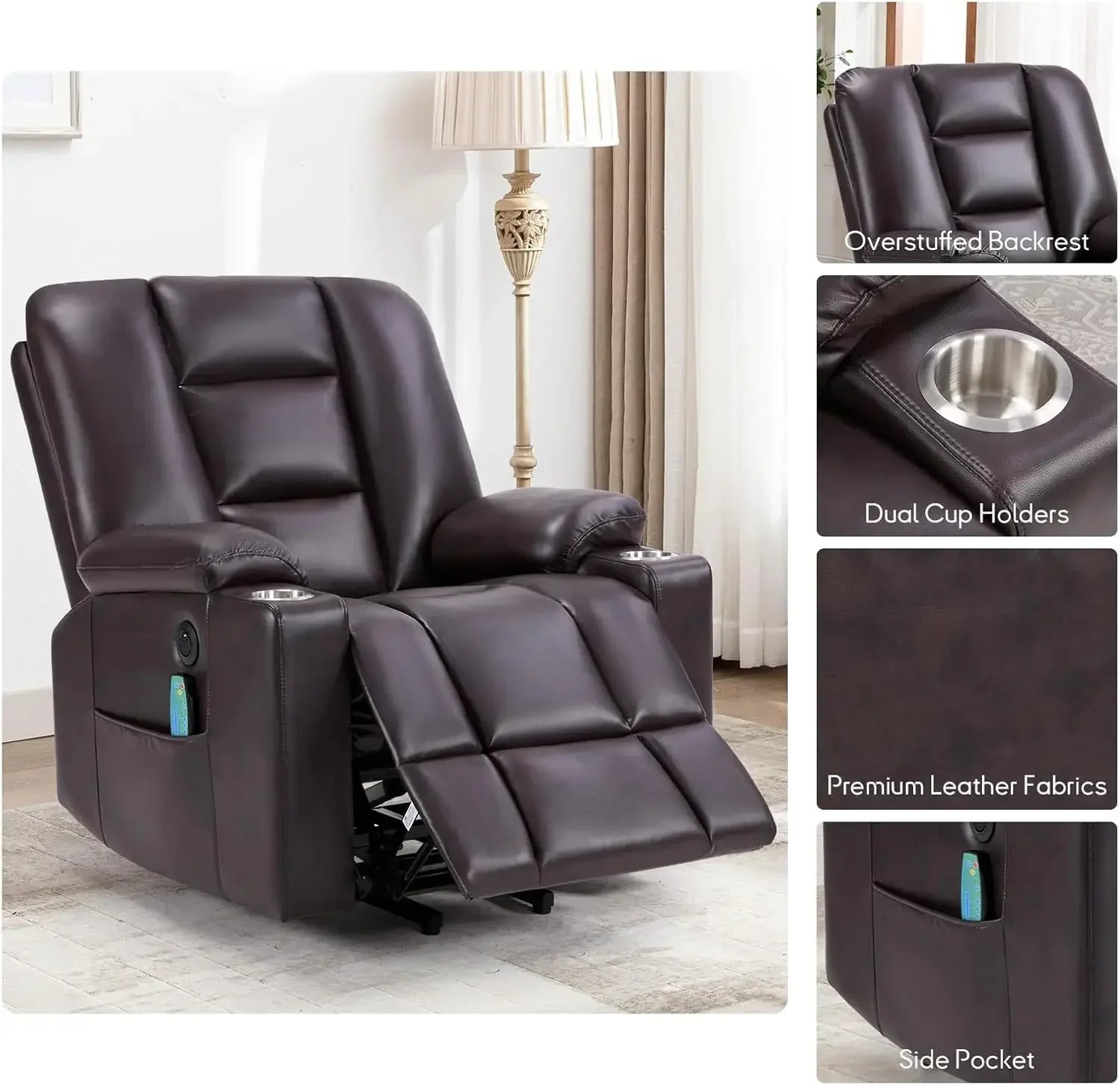 Power Lift Chair with Heat and Massage, Faux Leather Lift Recliner Chair for Adults Elderly, Upholstered Recliner with 2 Cup Hol