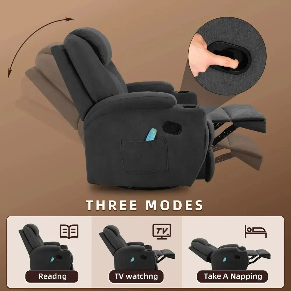 2023 New Swivel Rocker Recliner with Massage and Heating Functions, Sofa Chair with Remote Control and Two Cup Holders