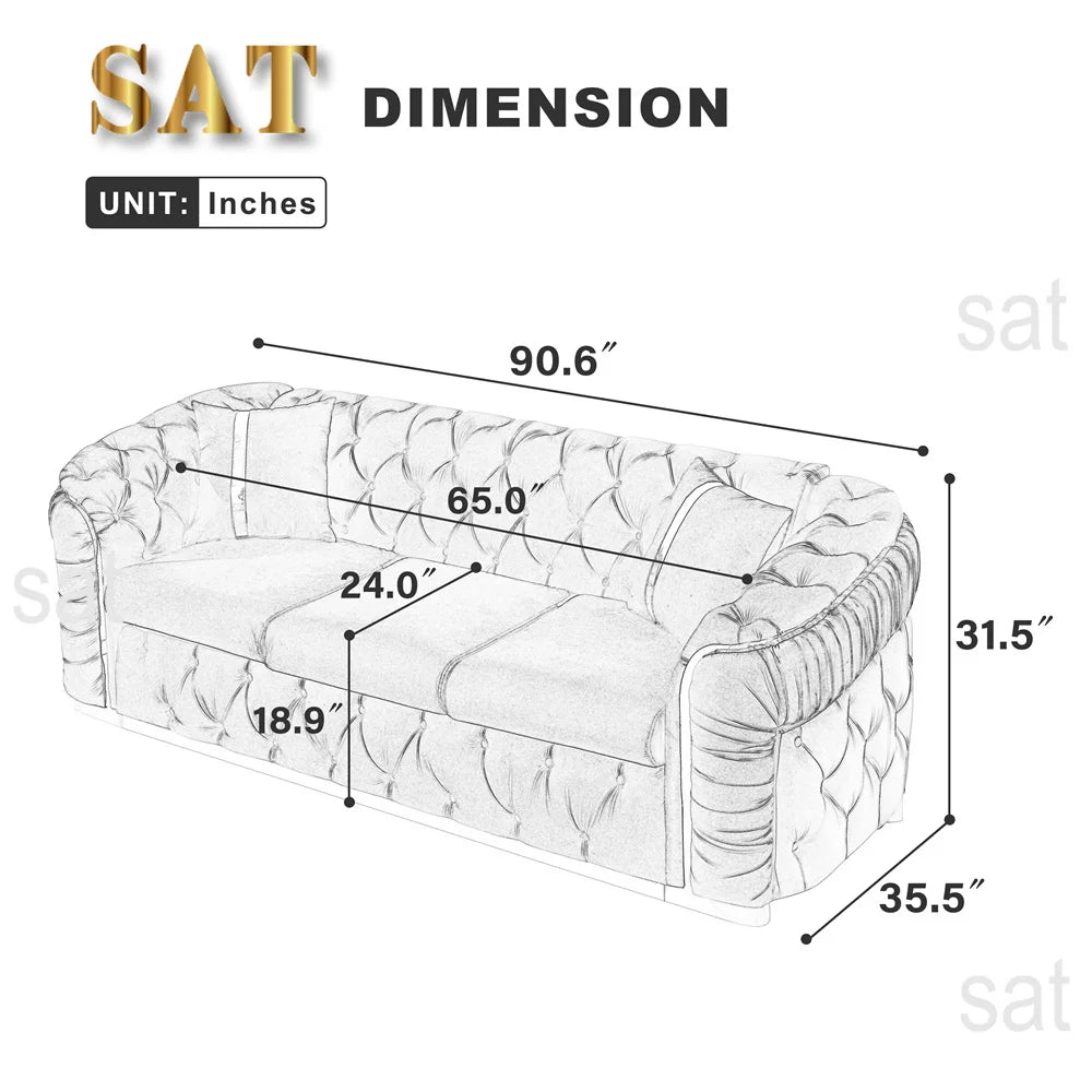 #￥Custom Velvet Button Tufted Sofa Couch with 2 Pillows 3 Seater Luxury Chesterfield Sofa Set with Gold Stainless Steel Accents