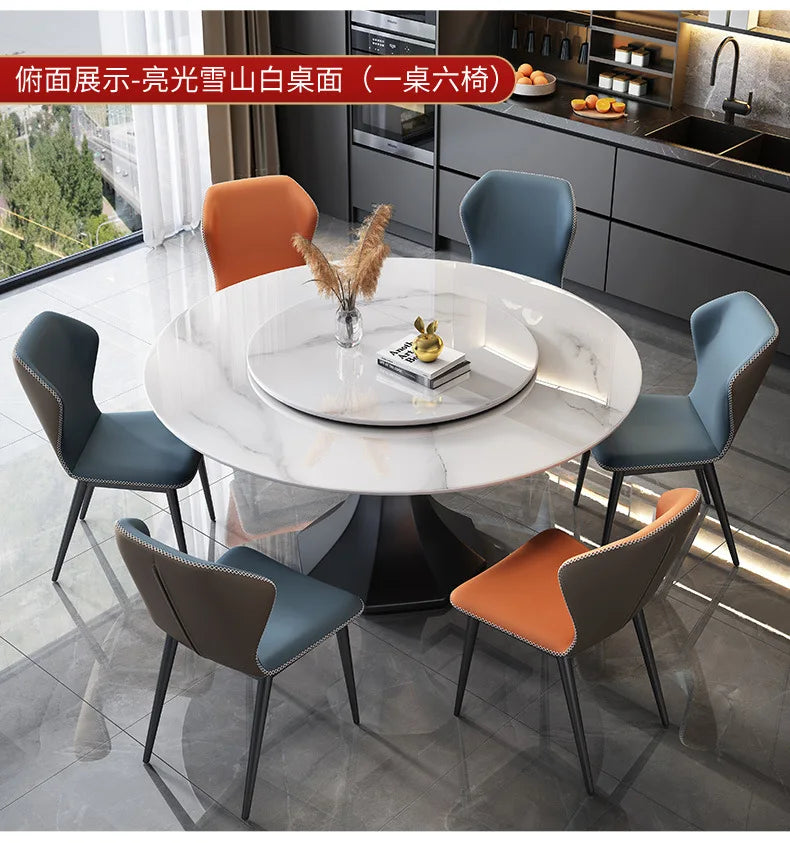 PG Italian minimalist light luxury rock slab bright dining table modern simple round table with turntable high-end dining table