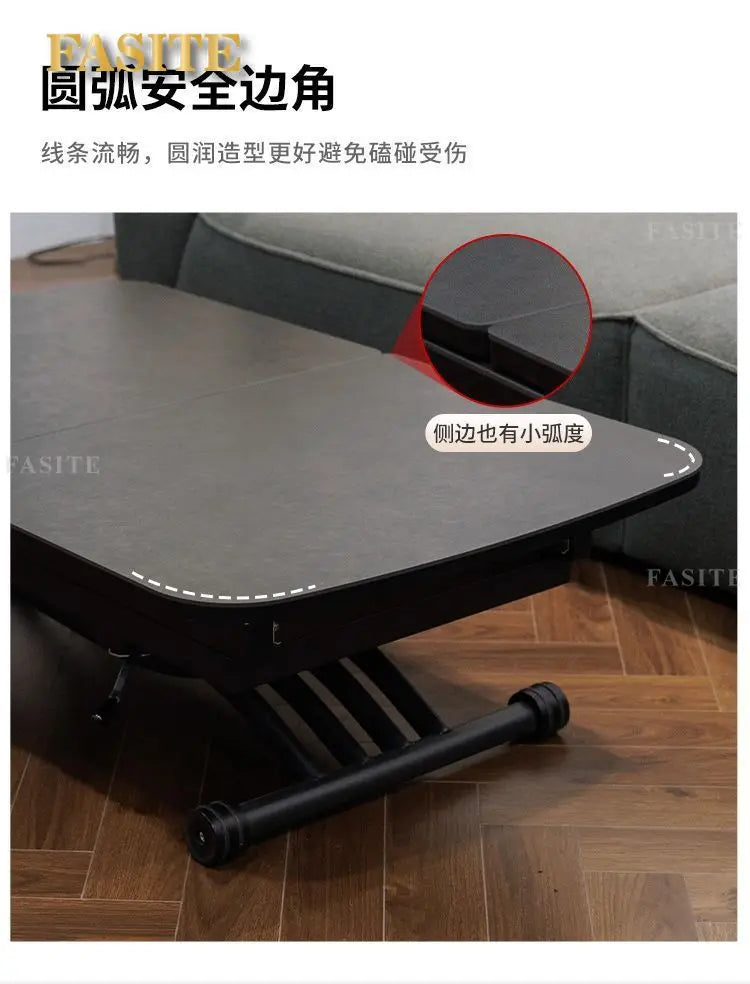 Black light luxury rock slab lifting coffee table dining  dual-purpose retractable mobile dining