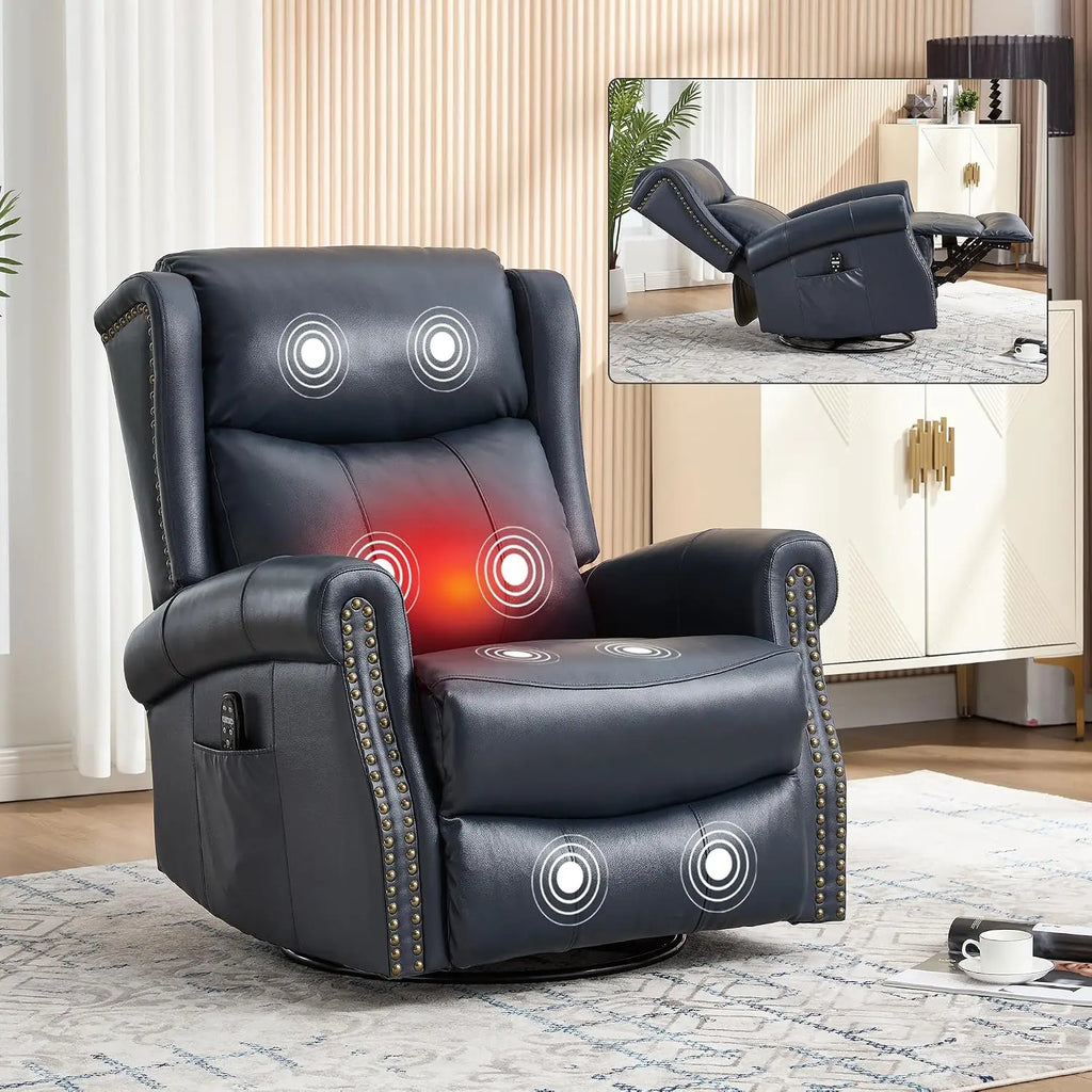 Genuine Leather Manual Recliner Chair with Swivel Rocker Massage Heat Nursery Small Space Blue, Customized