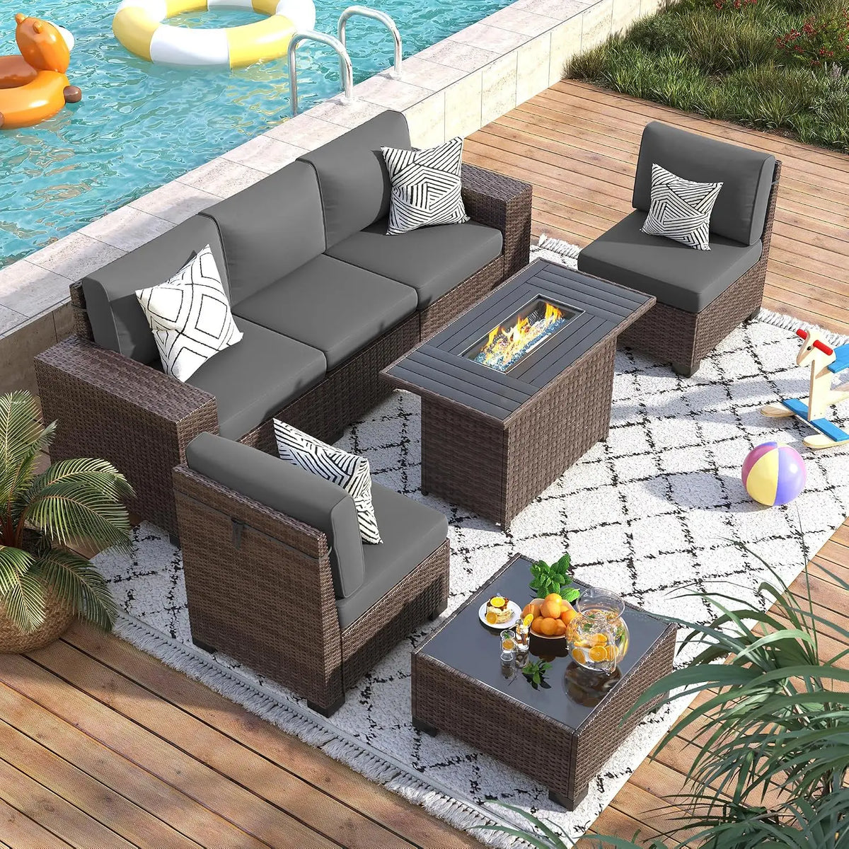 Patio Furniture Set with 44'' Fire Pit Table, 7 Pcs Outdoor Sectional Sofa |  Conversation Sets Brown Wicker Rattan, Customized