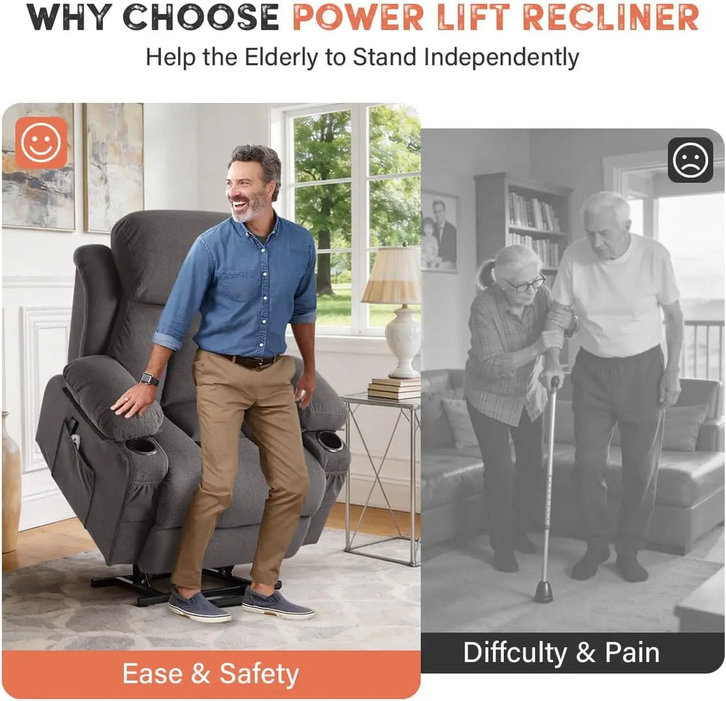 Power Lift Recliner Chair with Massage & Heat for Elderly, Electric Recliner Single Sofa Cup Holders USB