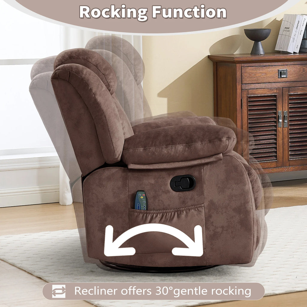 Massage Rocker Recliner with Heat and Vibration, 360 Degree Swivel Manual Antiskid Fabric Single Sofa Heavy Duty Reclining Chair for Living Room