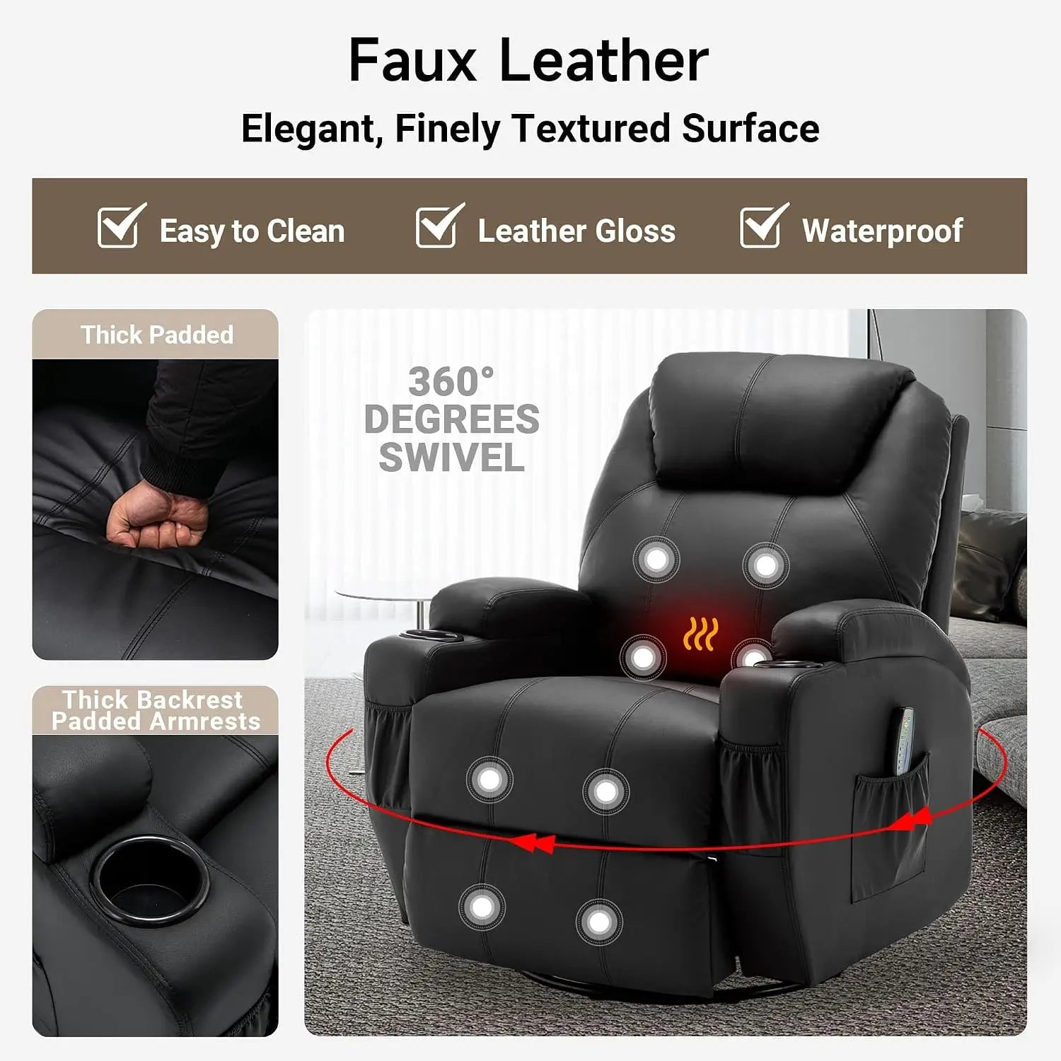 Recliner Chair, Rocking Chair with Massage and Heat, 360° Swivel Recliner Chairs for Adults, Rocker Manual Recliner