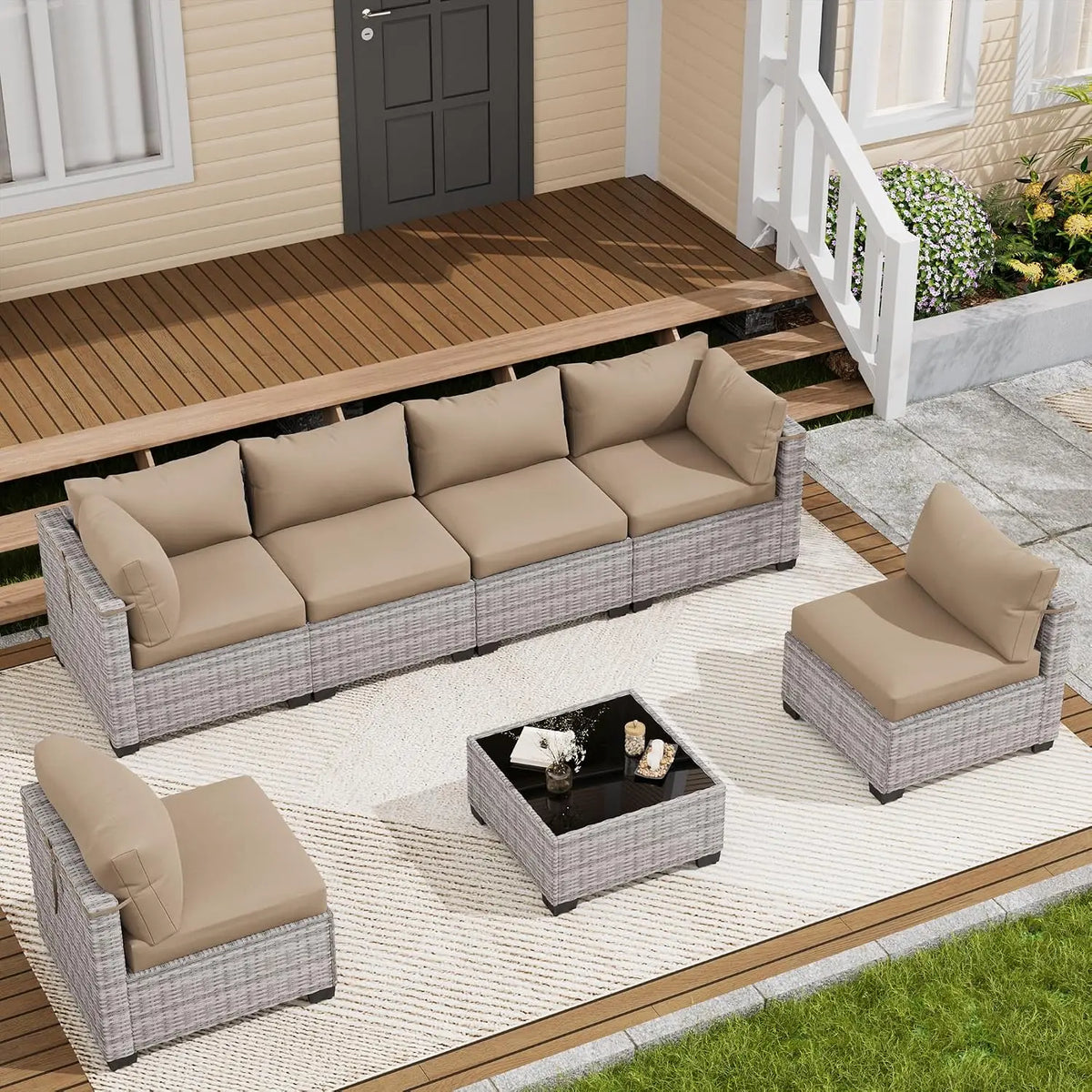 7 Piece Wicker Rattan Patio Conversation Set, Outdoor Sectional Sofa, Custom