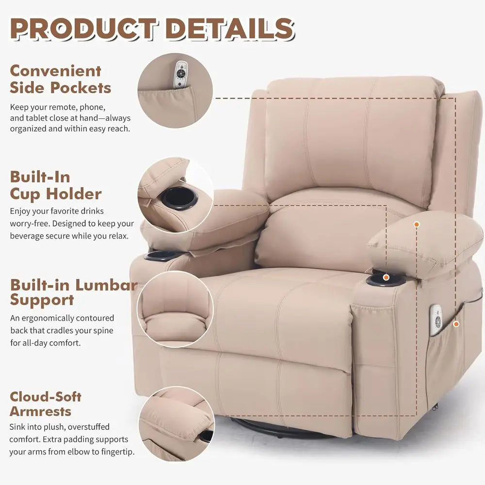 Leather Swivel Rocker Recliner with Heat Massage and Cup Holders, Plush Rocking Glider Chair with Heated Massaging Recline, Beig