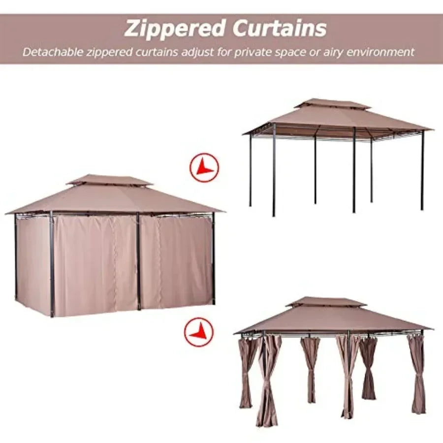 10' x 13' Patio Gazebo Outdoor  Shelter with Curtains Vented Roof Steel Fe for Garden Lawn Backyard Deck