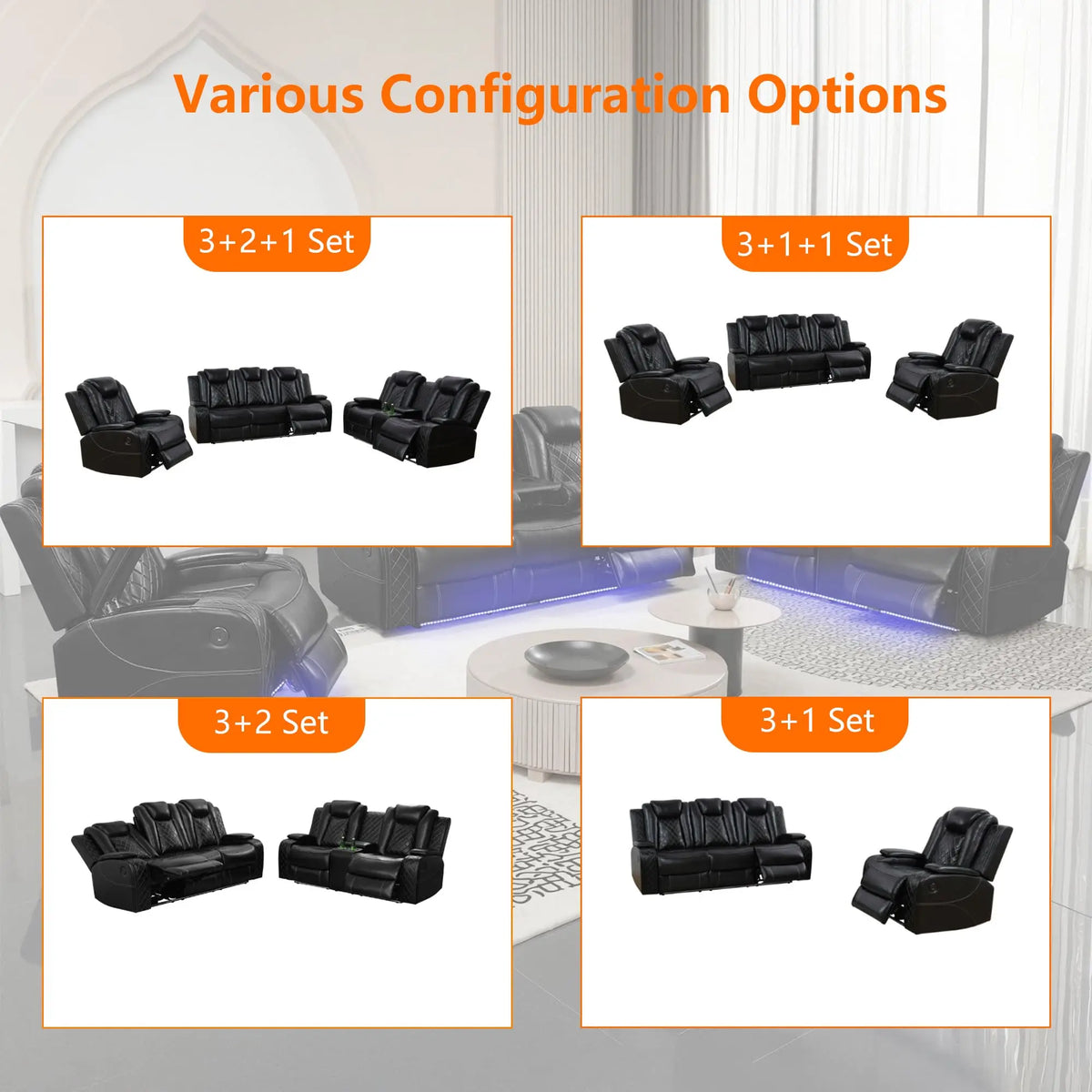 #￥Power Recliner Sofa Set with LED  Leather Reclining Sofa Set Loveseat Chair with USB Port Cup Holders Storage for Home Theater