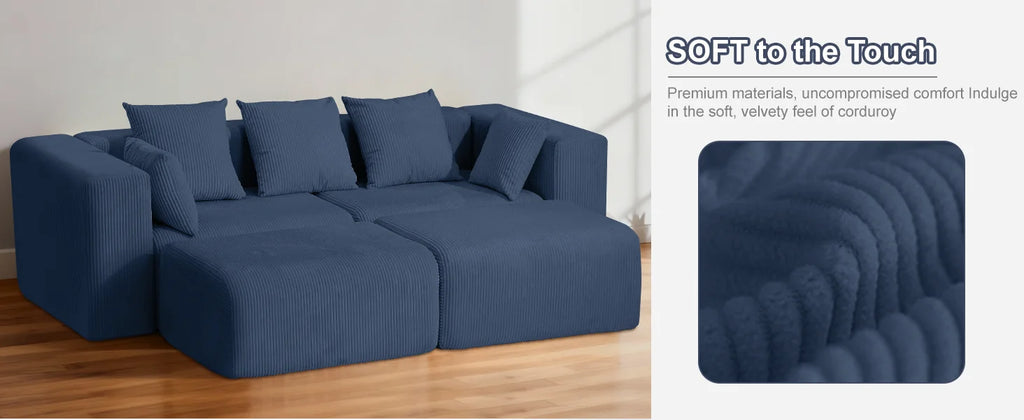 117" Corduroy Boneless Couches, Modular Sectional Sofa, Loveseat Comfy Cloud-Like Couches with 3 Pillows, Deep Seat for Living Room, Compact for Small Spaces