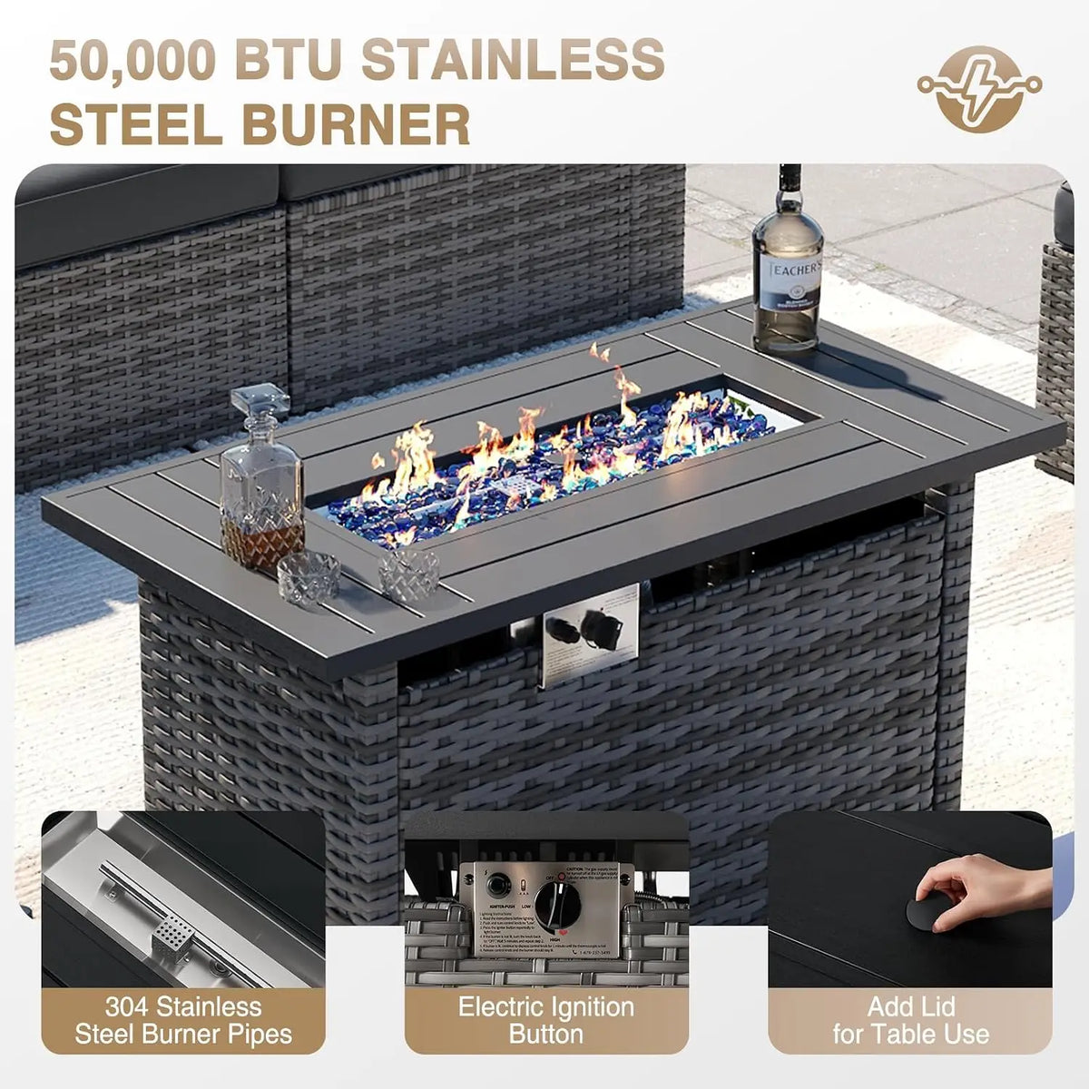 Patio Furniture Sets, 8-Piece Outdoor Patio Furniture with 44'' Propane Gas Firepit Table, Wicker Outdoor, Customized