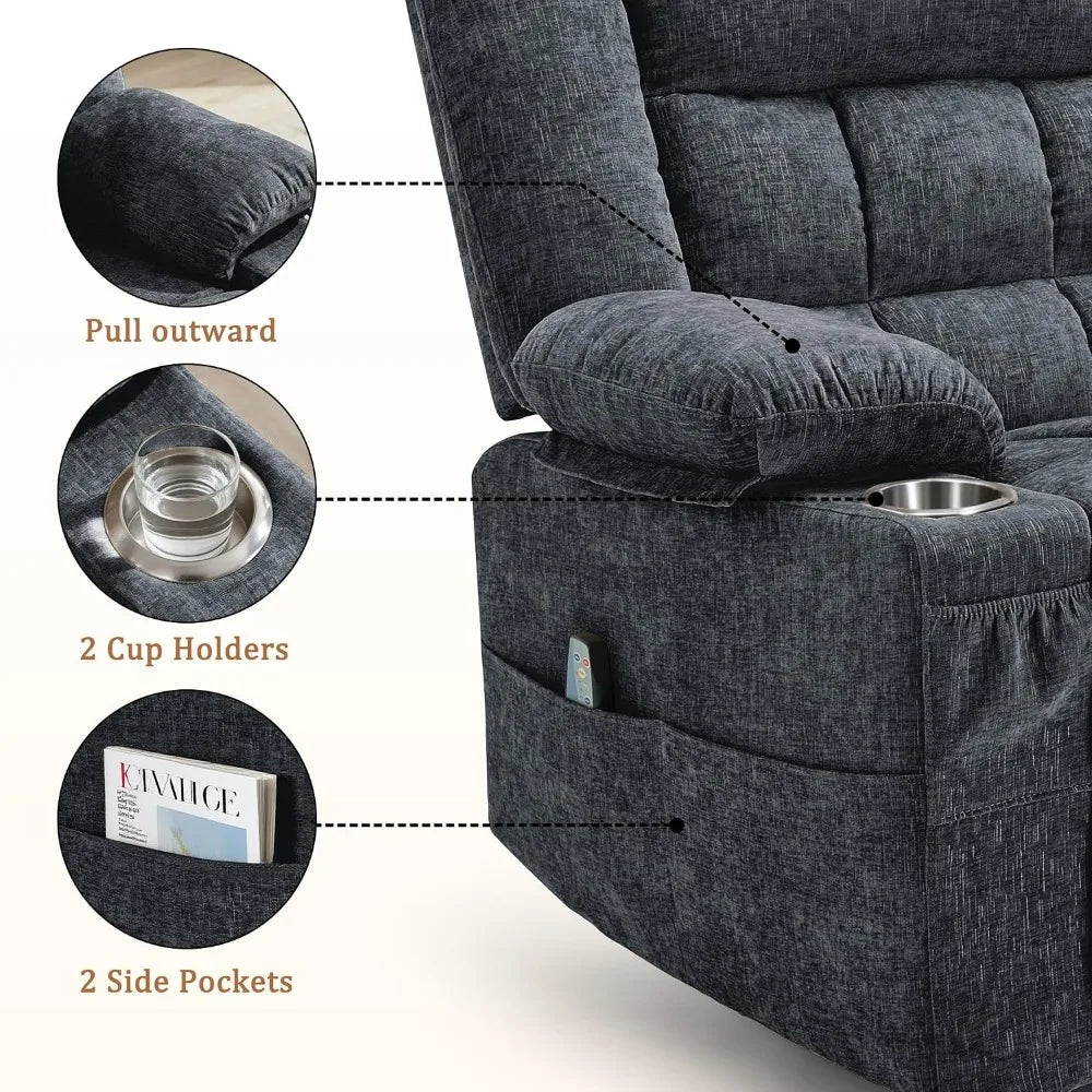 360° Swivel Rocker Recliner with Massage & Heating, Cup Holder, Fabric Dark Gray