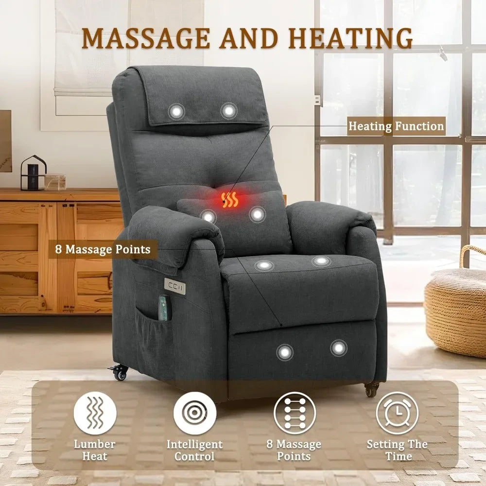 Electric Recliner Chair with Massage & Heat, USB/Type-C Ports, Rollers for Small Spaces - Fabric Comfort for Living Room/Bedroom