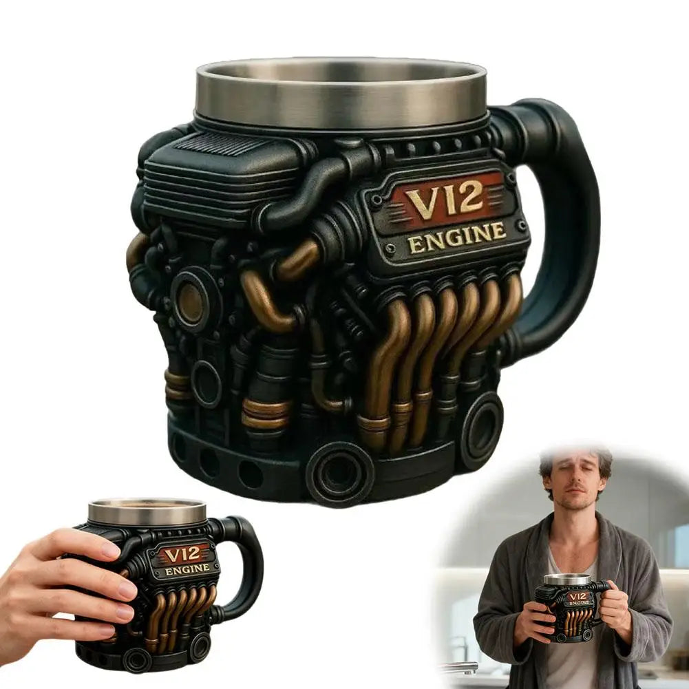 V6 V8 V12 Vintage Engine Coffee Cup Insulation Water Mug for Car Enthusiasts Mechanics Engineers Fathers Men Boyfriends Gifts