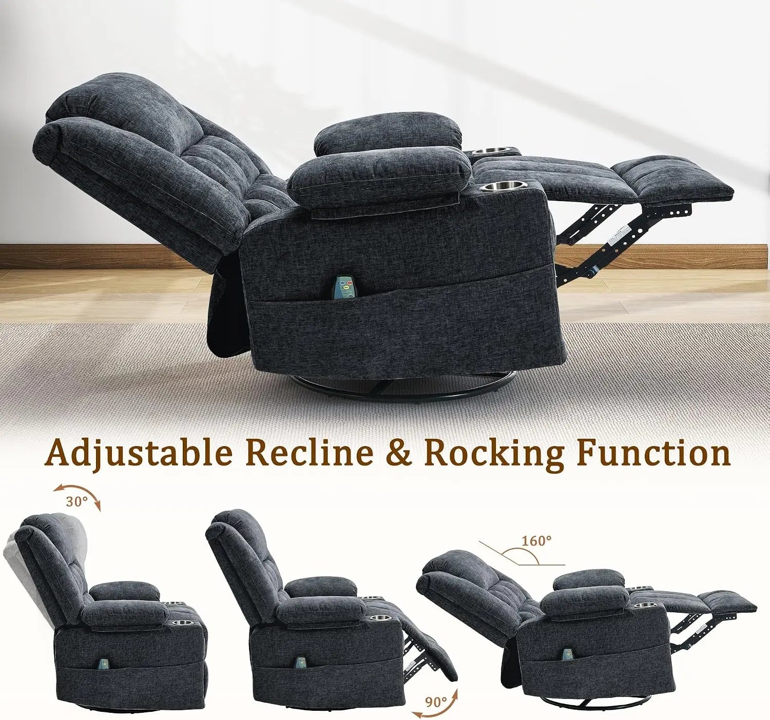 360° Swivel Rocker Recliner with Massage & Heating, Cup Holder, Fabric Dark Gray