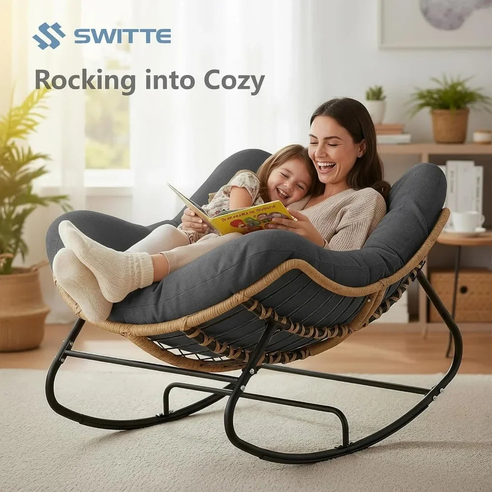 Oversized Outdoor Rocking Chair, Patio Papasan Rocker, Comfy Wicker Egg Chair with Cushion, Dark Grey