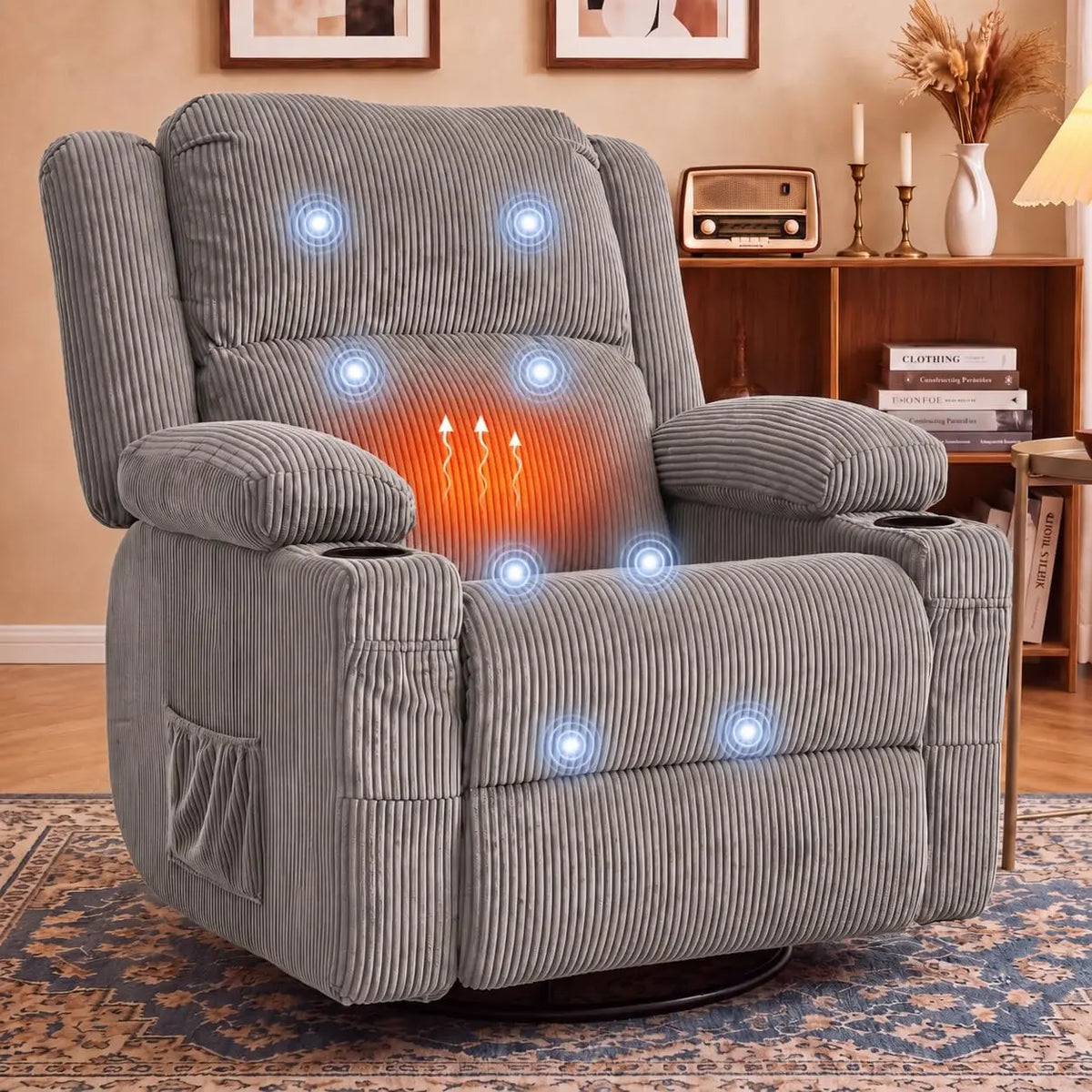 Swivel Rocker Recliner Chair with Heat & Vibration Massage, USB Port, Lounge Sofa for Living Room, Custom