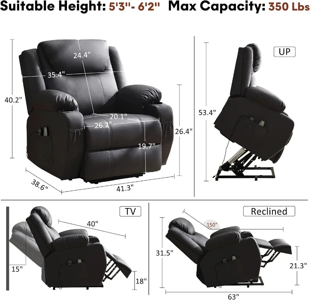 Power Lift Recliner Chair with Massage & Heat for Elderly, 26" Wide Electric Recliner with Cup Holders, Black