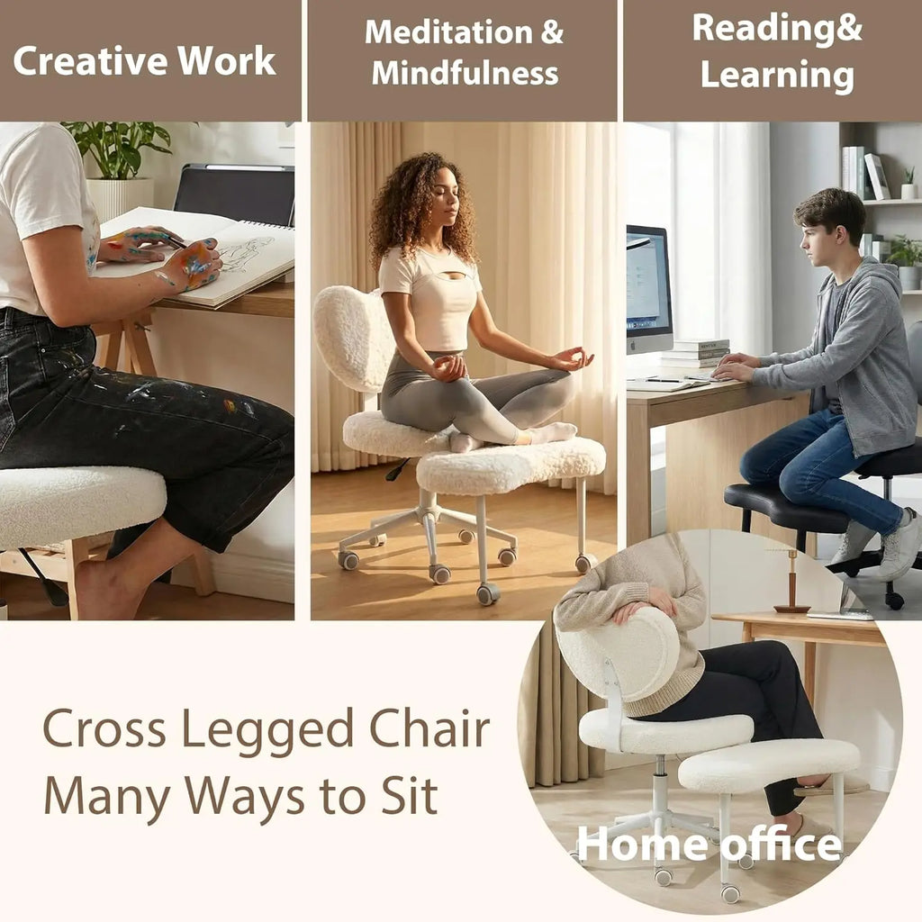 Cross Legged Chair with Wheels, Ergonomic Office Chair for ADHD, Height Adjustable, Lumbar Support, Teddy Fabric, Ivory