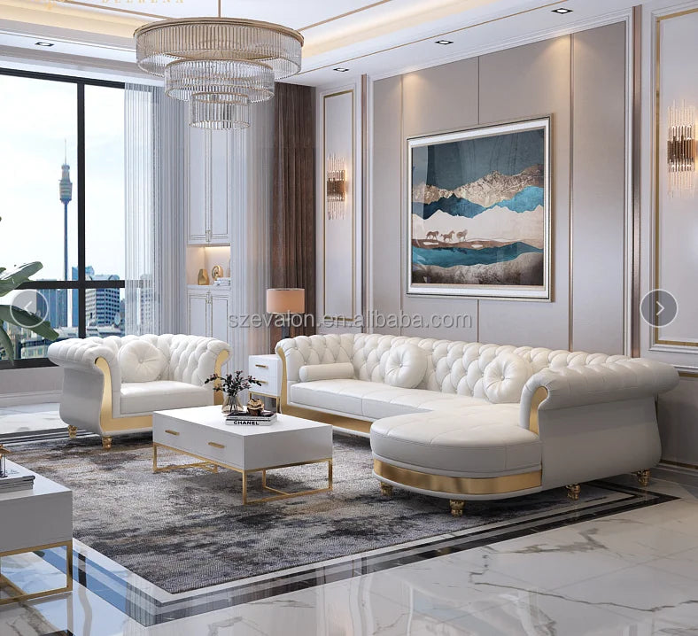 High Quality Italian Leather Modular Sofa Set White Villa Sofa for Living Room & Hotel Genuine Leather Furniture