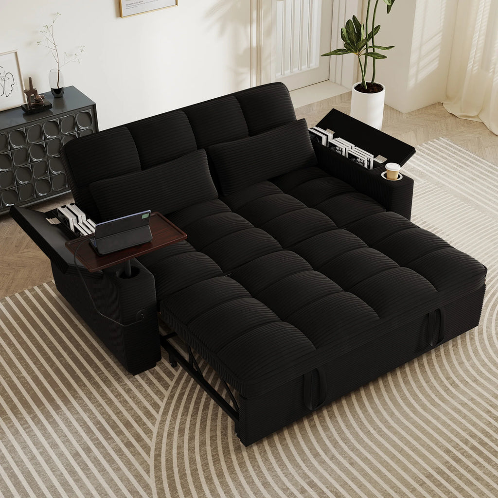65" 3-in-1 Folding Convertible Sofa Bed with 360° Swivel Side Table, Pull Out Couch USB Charging, Modern Corduroy Chenille, Black