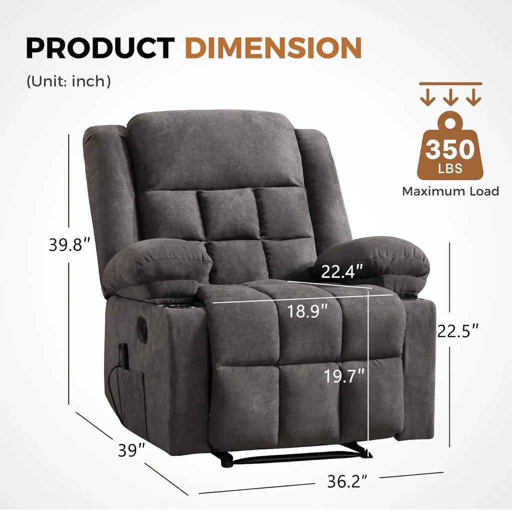Manual massage heated adult recliner, armchair with two cup holders and side pockets, living room recliner sofa, gray