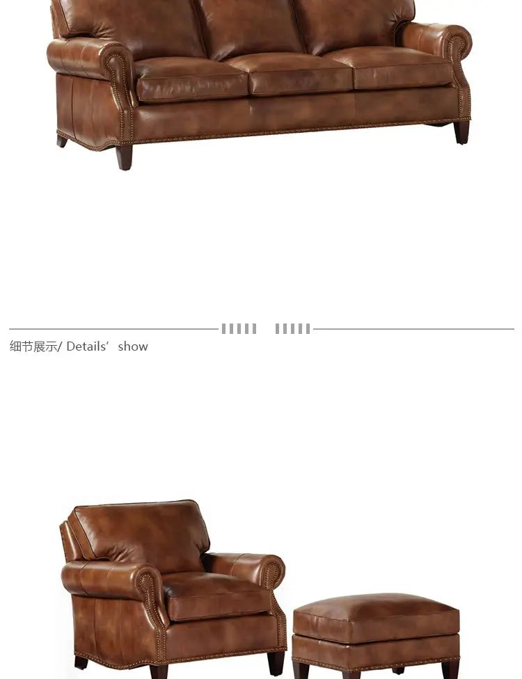 1*American Country Full Leather Solid Wood Sofa Villa Living Room Vintage Oil Wax First Layer Cowhide