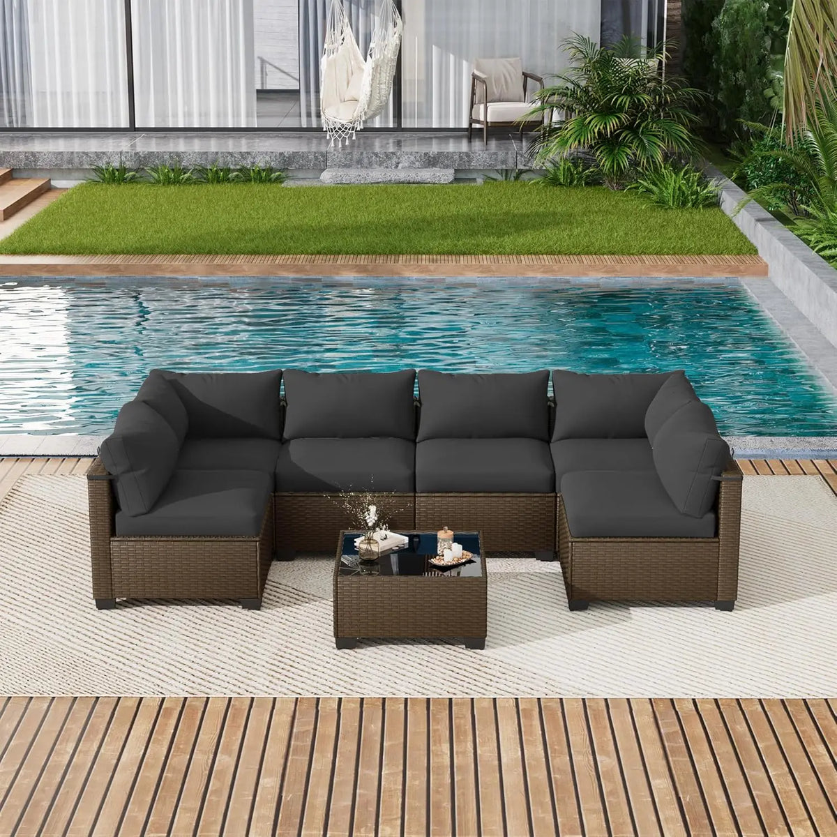 7 Piece Wicker Rattan Patio Conversation Set, Outdoor Sectional Sofa, Custom