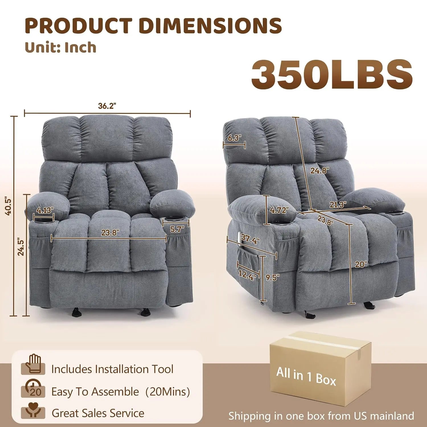 Massage Rocking Recliner with Vibration & Heat, Nursery Lounge Chair with 4 Pockets, 2 Cup Holders & USB Port, Grey, Custom