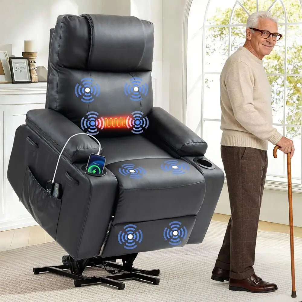 Power Lit Recliner Chair or Elderly with Massage & Heat, PU Leather Electric Recliner with USB Charge Port, 160° Adjustable Recl