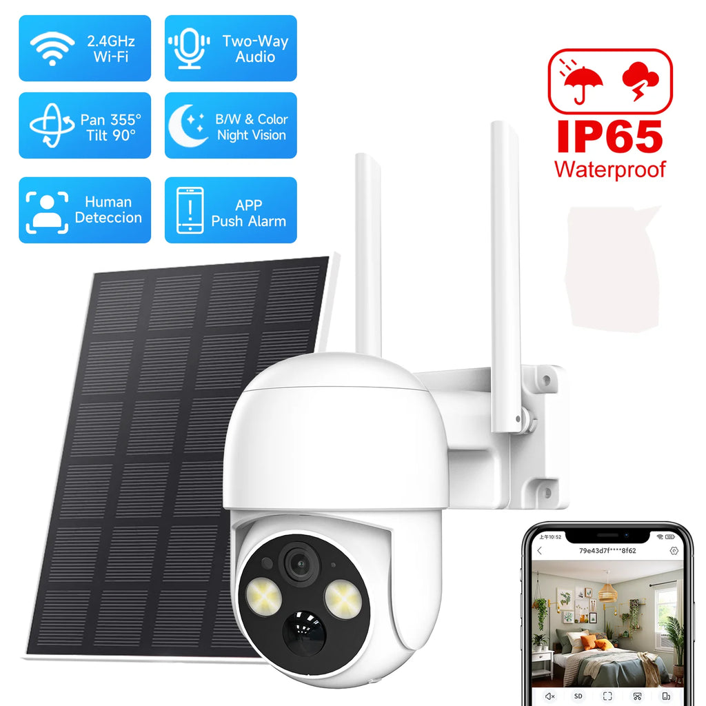 6000mAh Battery Security Camera with 3W Solar Panel, 4MP HD, Two-Way Audio, Dual-Light Night Vision, TF/Cloud Storage